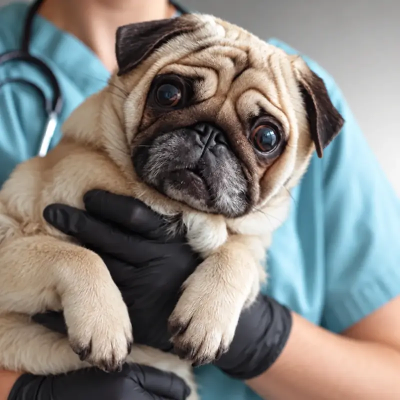 Pug no colo da veterinária